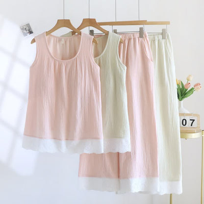 Solid Cotton Gauze Lace Loungewear Set - Pink - XXL - image 0