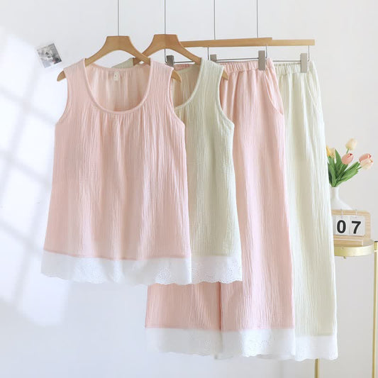 Solid Cotton Gauze Lace Loungewear Set - Pink - XXL - image 0