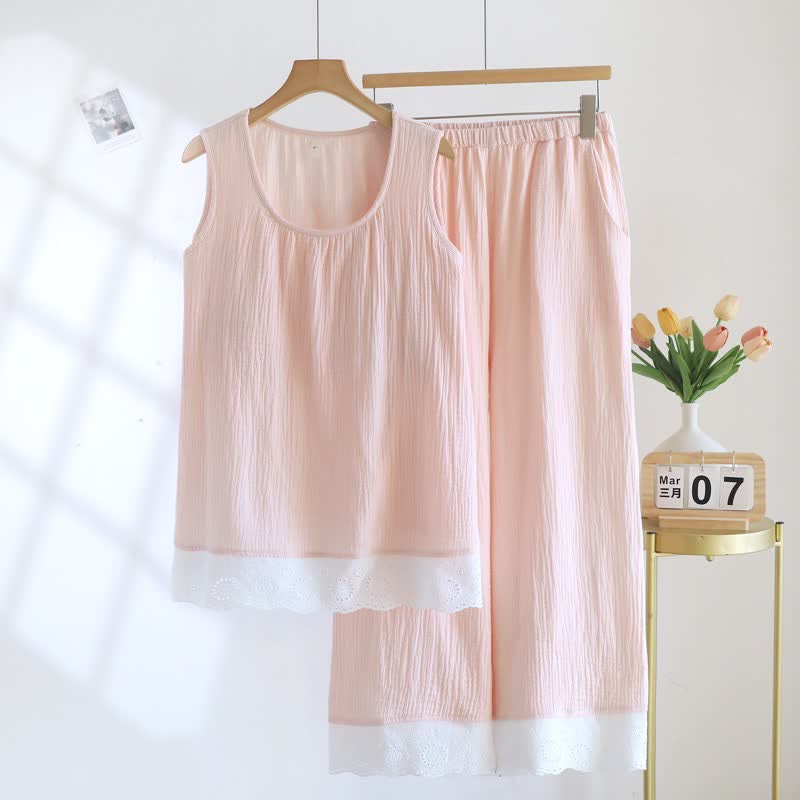 Solid Cotton Gauze Lace Loungewear Set - image 2