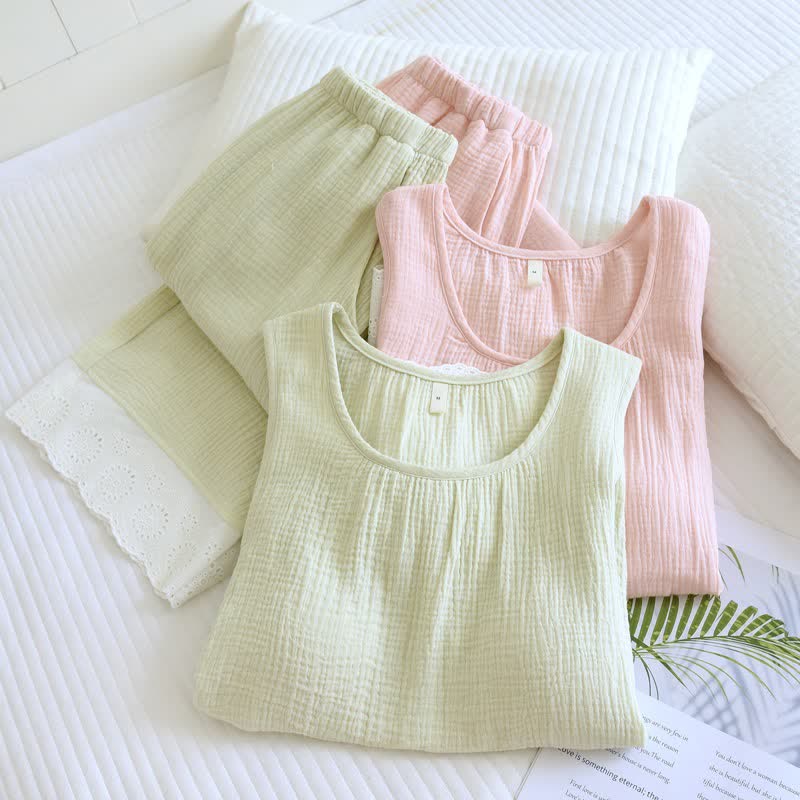 Solid Cotton Gauze Lace Loungewear Set - Green - XXL - image 1