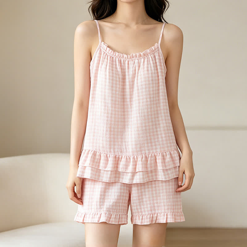Soft Gingham Cotton Ruffle Loungewear Set - image 1