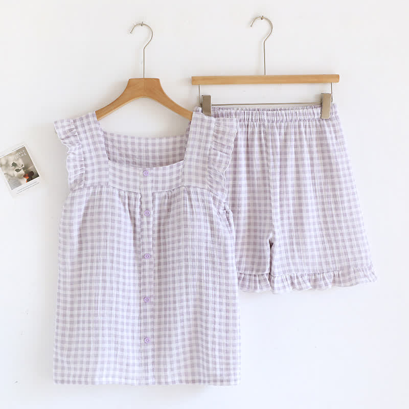 Ruffle Sleeve Gingham Cotton Pajama Set - Purple - XL - image 4