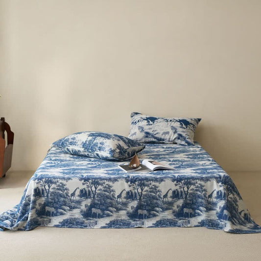 Country Toile Pure Cotton Sheet Bedspread - Royal Blue - 2PCS Pillowcases - 40" x 20" - image 0