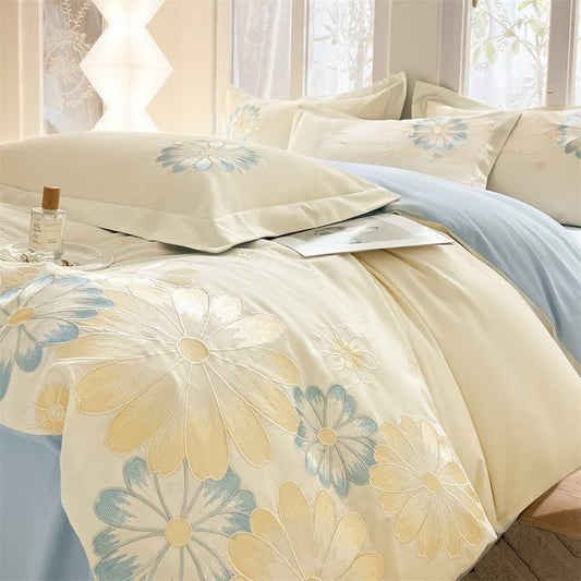 Daisy Embroidered Pure Cotton Bedding Set(4PCS) - Beige - King - image 0