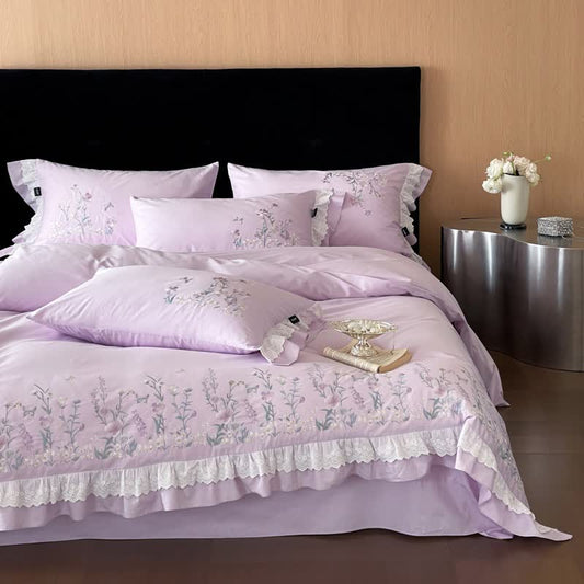 Wildflower Embroidery Ruffled Lace Cotton Bedding(4PCS) - Purple - King - image 0
