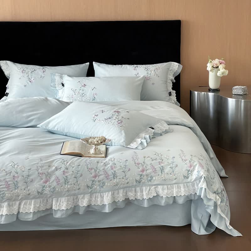 Wildflower Embroidery Ruffled Lace Cotton Bedding(4PCS) - image 5