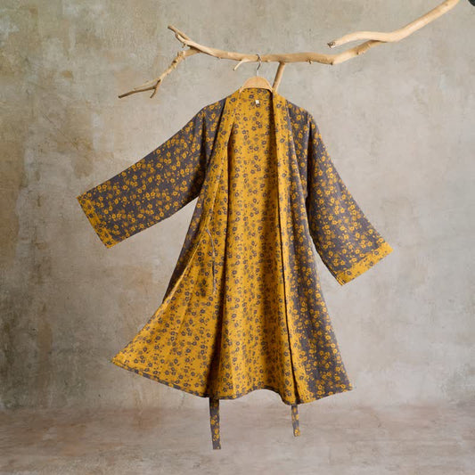 Yellow Floral Cotton Gauze Kimono Robe - Yellow - L - image 0