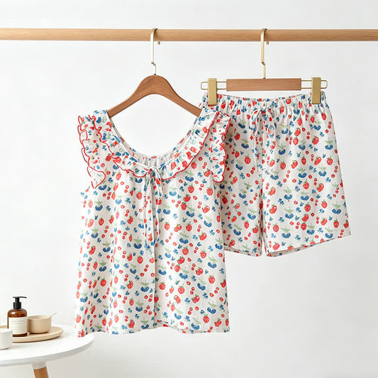 Fruit Cotton Gauze Ruffle Women's Pajamas - White - M - image 0