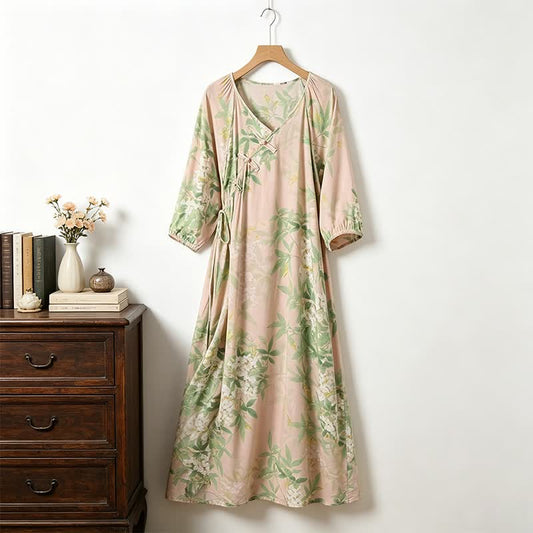 Oriental Floral Leaf Cotton Loungewear Dress - image 0