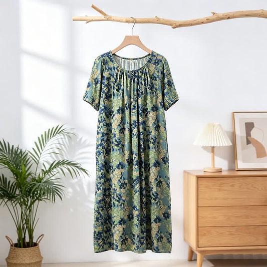 Green Floral Gathered Neck Lounge Dress - Green - 4XL - image 0