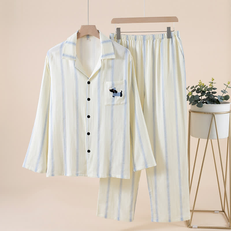 Striped Cotton Matching Couple Pajama Set - Beige - Male - 2XL - image 2
