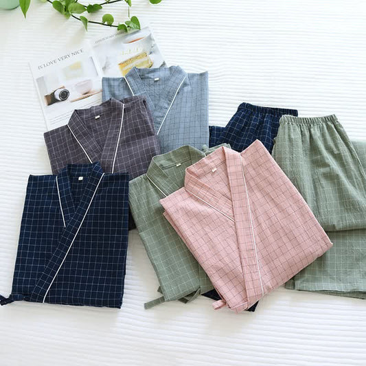 Couple Matching Gird Cotton Kimono Pajamas - image 0