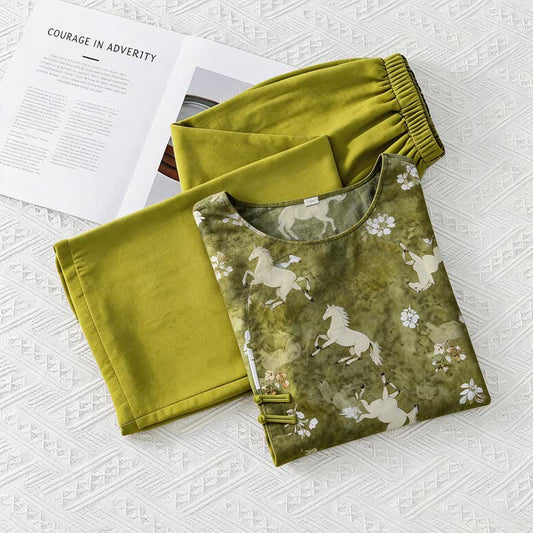 Horse Print Eastern-Inspired Loungewear Set - Green - M - image 0
