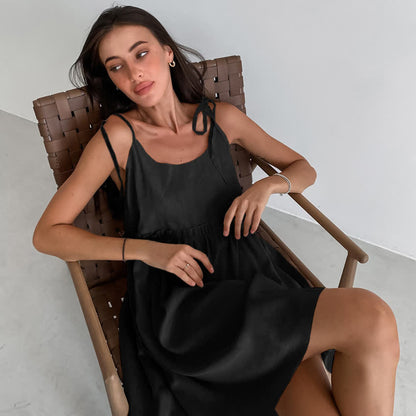Casual Cotton Linen Tie Strap Nightdress - Black - XL - image 0