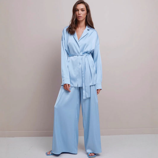Solid Color Belted Women's Loungewear Set - Blue - XL - image 0