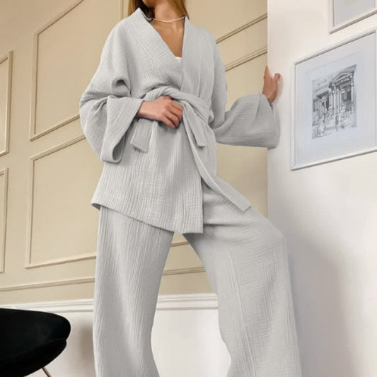 Solid Color Cotton Gauze Kimono Pajamas - Grey - XL - image 0