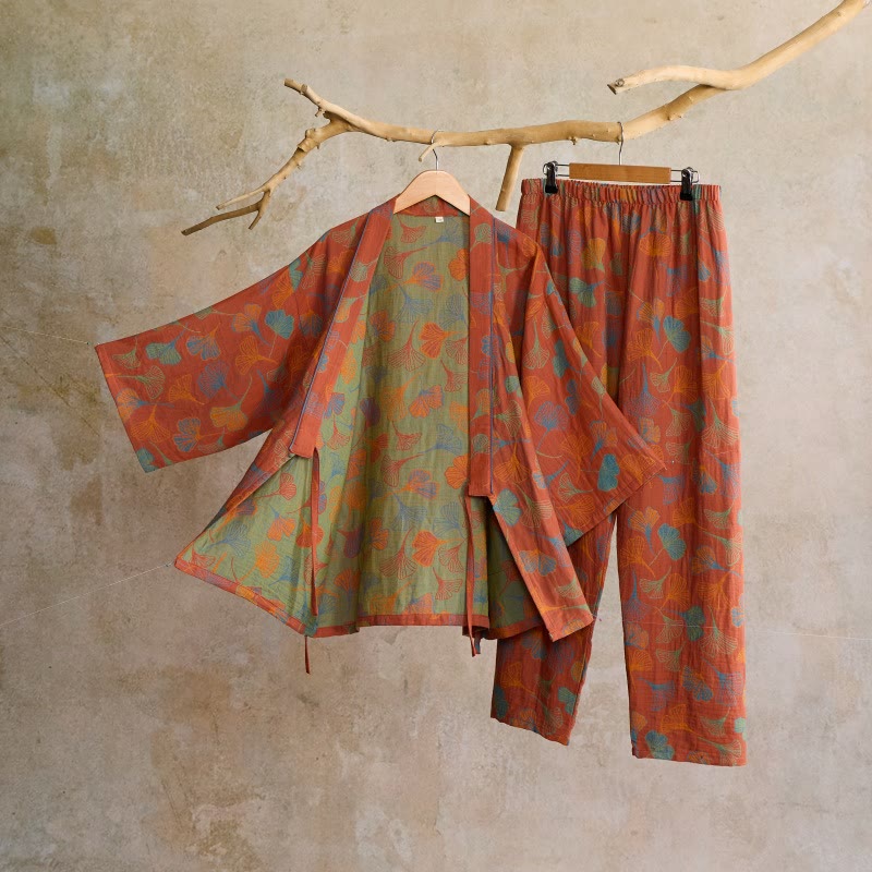 Ownkoti Ginkgo Cotton Gauze Kimono Loungewear Set - Wine - XL - image 12