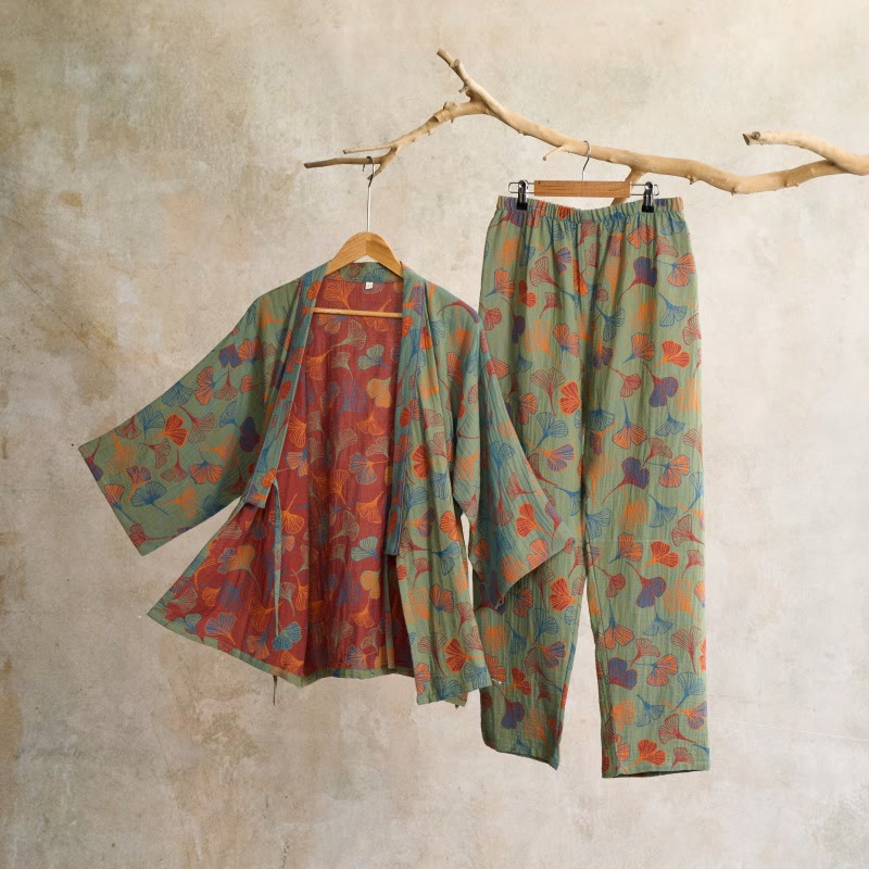 Ownkoti Ginkgo Cotton Gauze Kimono Loungewear Set - Green & Wine - XL - image 11