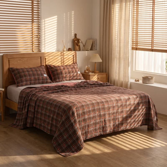 Ownkoti Vintage Plaid Cotton Gauze Bedding Set - Red-Brown - 20"×31" (Pillowcase) - 1 Pillowcase - image 0