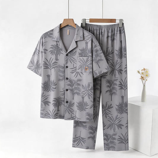 Cotton Tropical Palm Button Loungewear Set - Light Gray - 3XL - image 0