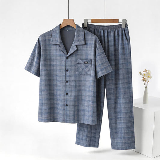Cotton Blue-Gray Plaid Button Loungewear Set - Blue - 3XL - image 0