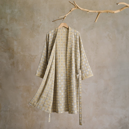 Soft Yellow Grey Cotton Plaid Kimono Robe - L - image 0