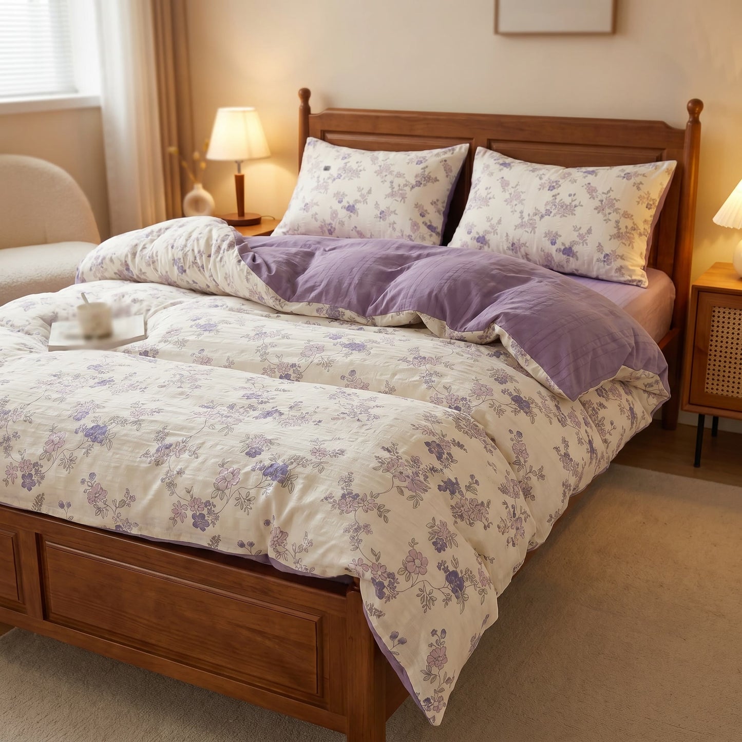 Ownkoti Pastel Purple Floral Cottagecore Cotton Bedding Set - image 1
