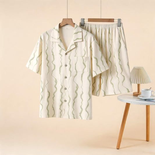 Unisex Wavy Stripe Modal Pajama Set - Beige - 3XL - image 0