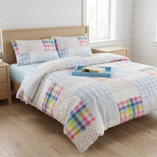 Rainbow Plaid Patchwork Floral Cotton Bedding Set (4PCS) - King - Fitted sheet - image 0