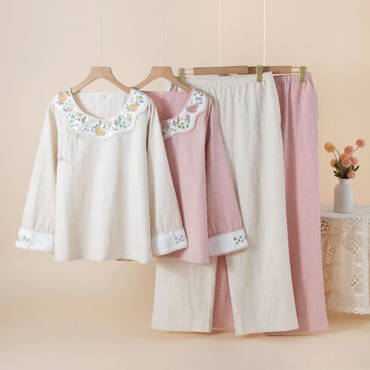 Floral Embroidered Cotton Linen Women's Pajamas - image 0