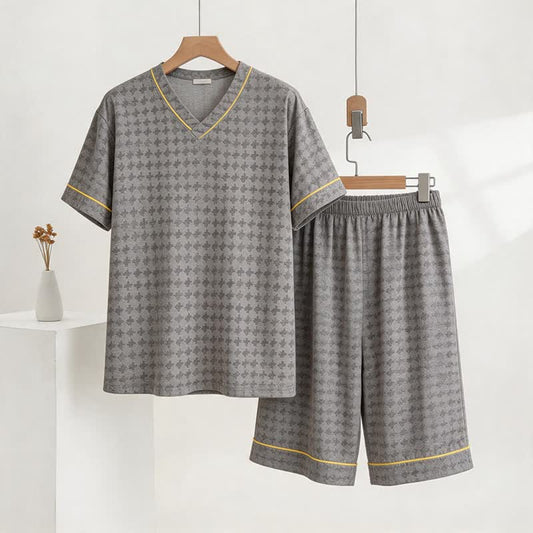 Grey Geometric V-Neck Loungewear Set - Gray - 3XL - image 0