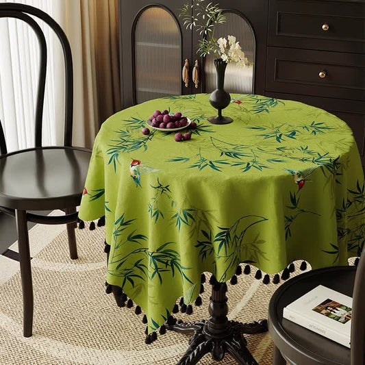 Green Bamboo Bird Tassel Tablecloth - Green - 55" x 87" - image 0