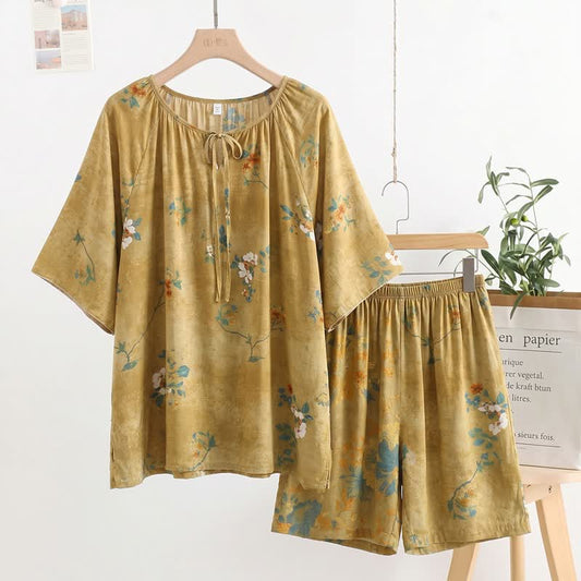 Vintage Botanical Floral Tie-Neck Pajama Set - image 0