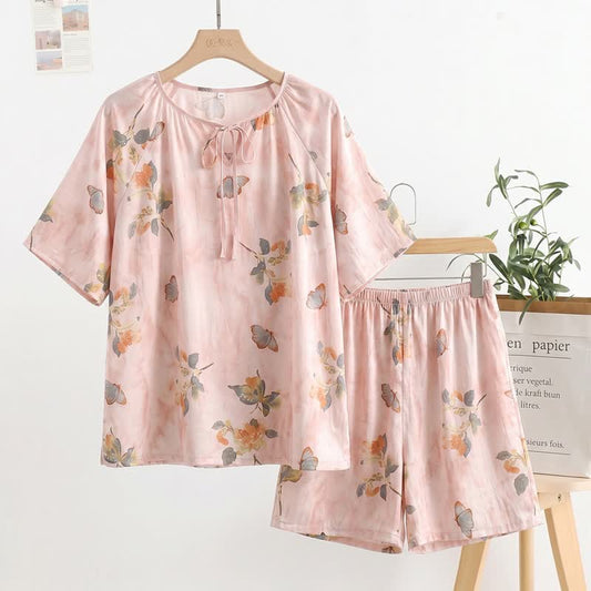 Floral & Butterfly Tie Neck Loungewear Set - Pink - 2XL - image 0