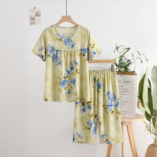 Blue Floral Short Sleeve Women's Pajamas - Yellow - XXL - image 0