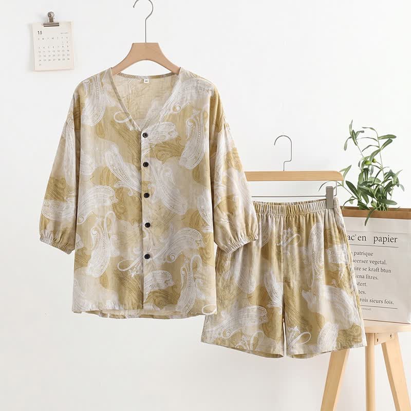 Paisley Print V-Neck Pajama Set - Beige - One Size - image 0