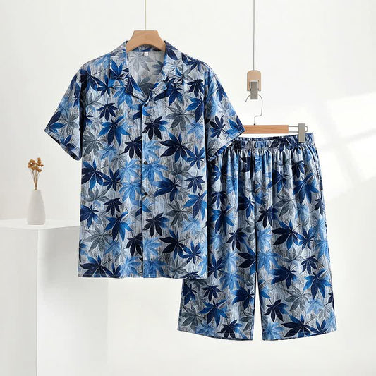 Unisex Blue Leaf Print Pajama Set - Blue - 5XL - image 0