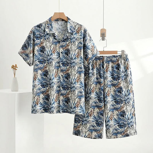 Tropical Leaf Print Loungewear Set - Navy - 5XL - image 0