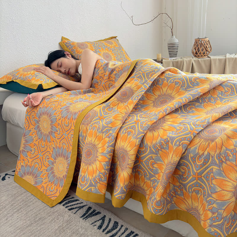 Boho Sunflower 3-Layer Muslin Cotton Quilt - 2PCS Pillowcases - 19" x 29" - image 3