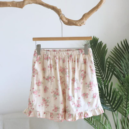 Pink Floral Cotton Ruffle Pajama Shorts - Beige - XL - image 0