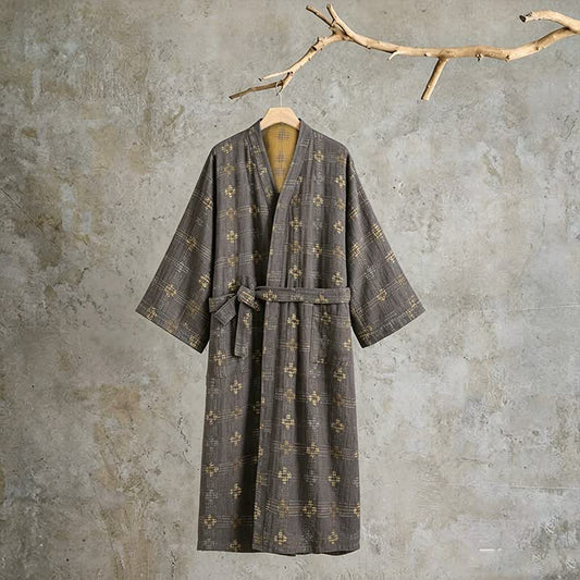 Unisex Geometric Cotton Yukata Robe - Gray - XL - image 0