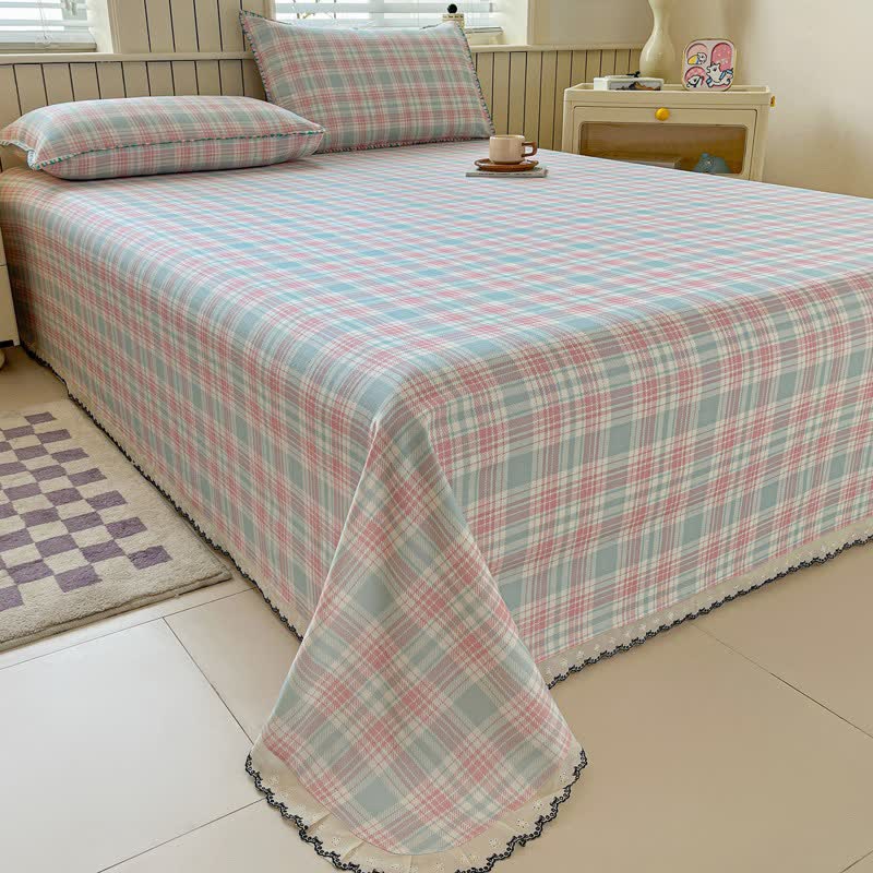 Pastel Plaid Cotton Bedspread with Lace Trim - image 1