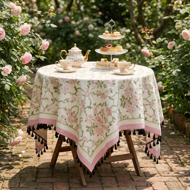 Pink Floral Vine Print Tassel Tablecloth - image 1