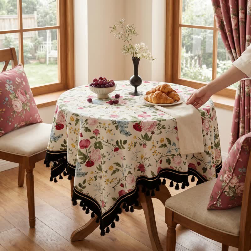 Multicolor Rose Print Tassel Trimmed Tablecloth - image 2