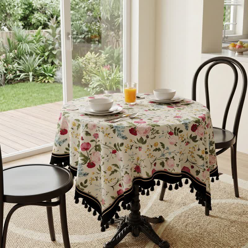 Multicolor Rose Print Tassel Trimmed Tablecloth - image 1