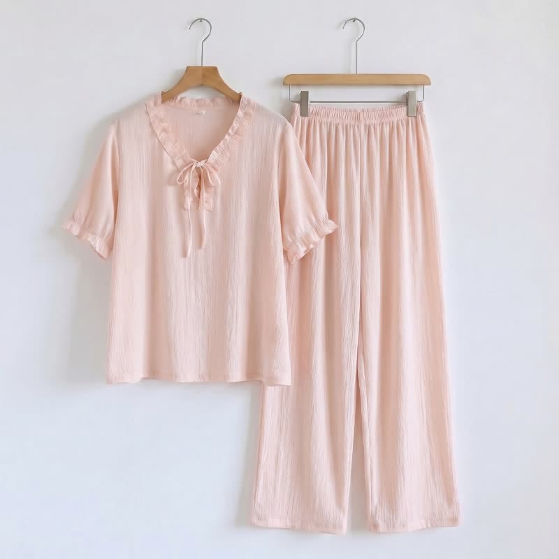 Solid Color Padded Ruffle Pajama Set - image 0