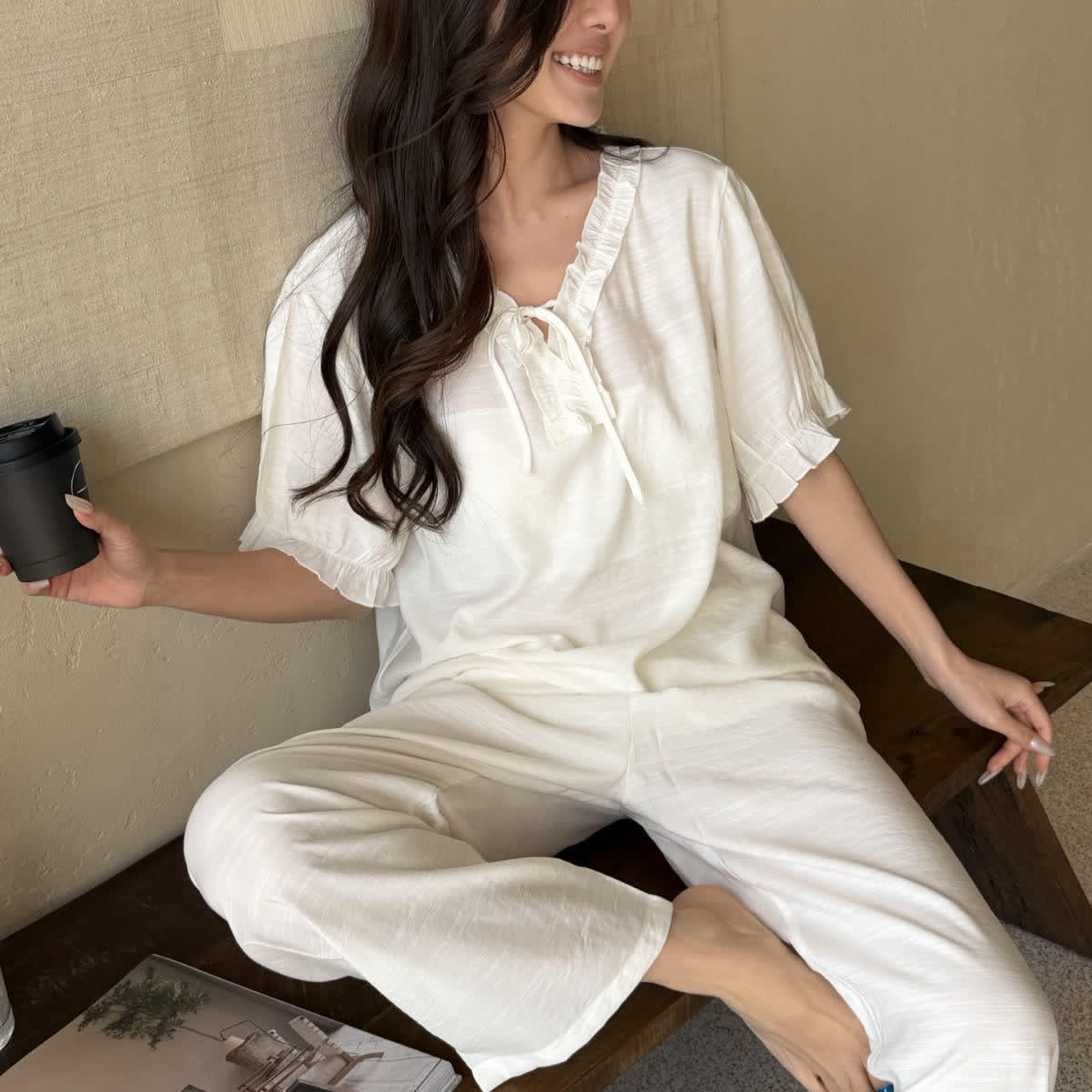 Solid Color Padded Ruffle Pajama Set - White - XL - image 5