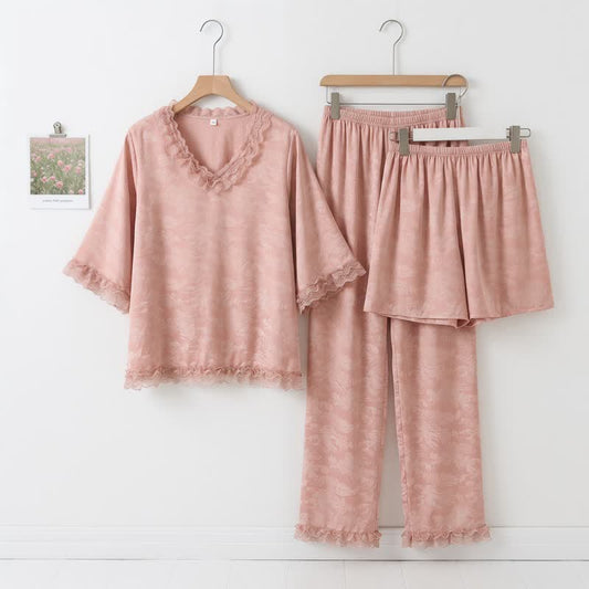 Pink Ruffle Trim Jacquard Pajama Set(3PCS) - Pink - XXL - image 0