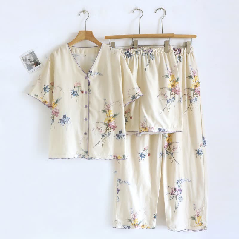 Iris Floral Cotton Women's Pajamas(3PCS) - Beige - XL - image 0