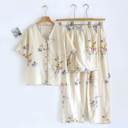 Iris Floral Cotton Women's Pajamas(3PCS) - Beige - XL - image 0